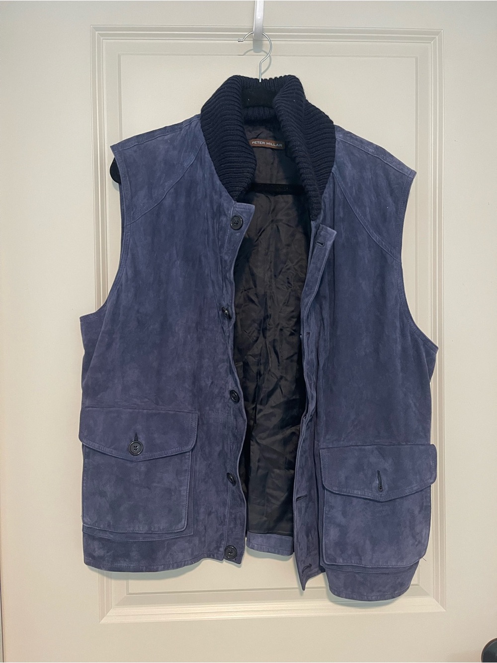 Peter Millar Navy Suede Button-Front Vest with Collar